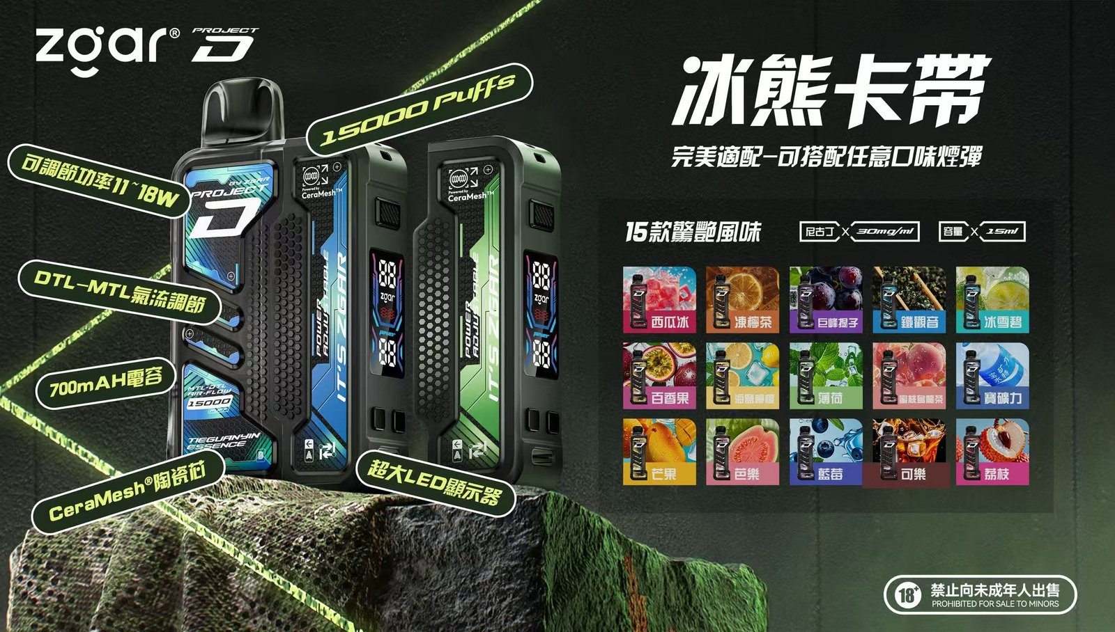 【加購100送主機】Zgar 冰熊卡帶 內建 LED 智慧顯示螢幕 15ml 煙油 15000Puffs 穩定輸出 700mAh Type-C 快充 磁吸換彈防漏技術 台灣現貨:圖片 2